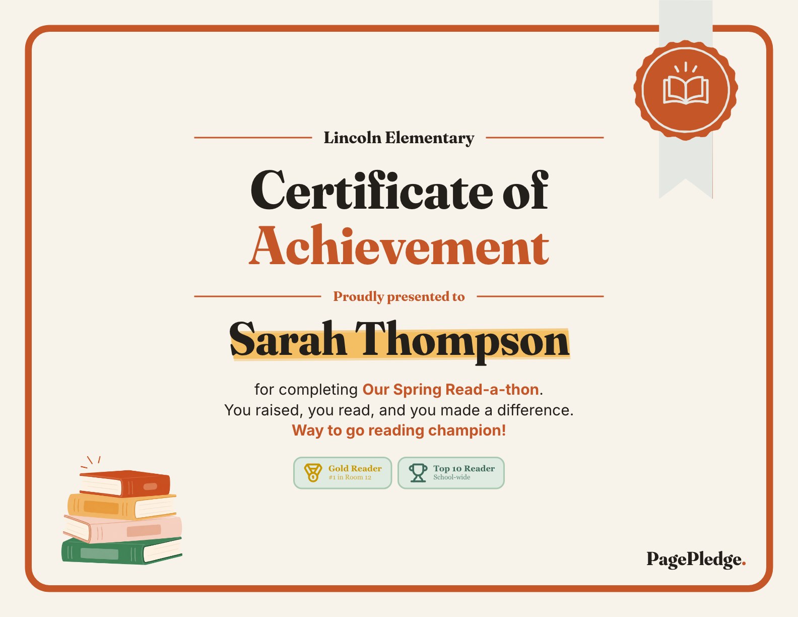 Sample PagePledge certificate of achievement for Sarah Thompson, with Gold Reader and Top 10 Reader awards
